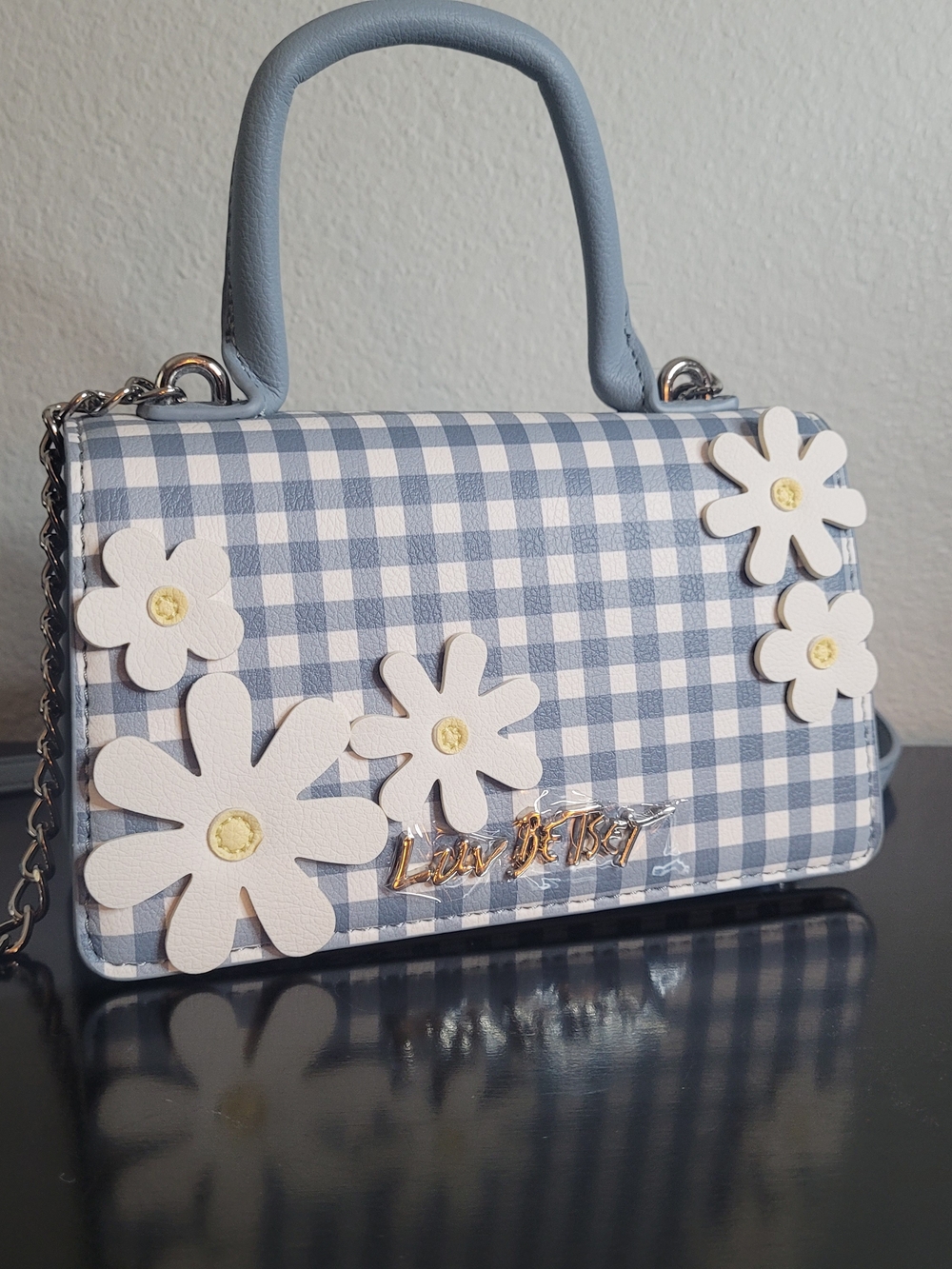 Betsey Johnson Blue Gingham Daisy Top-Handle Bag
